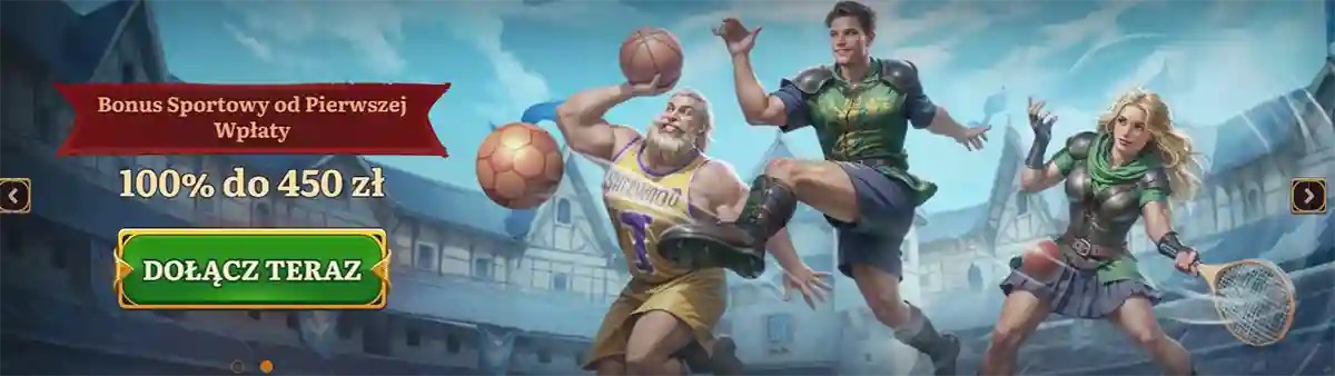 Sports betting bonus banner featuring fantasy-style athletes playing basketball and football in action poses, with Polish text promoting a first deposit sports bonus of 100% up to 450 PLN and a green “Join Now” call-to-action button on a dynamic stadium-themed background.