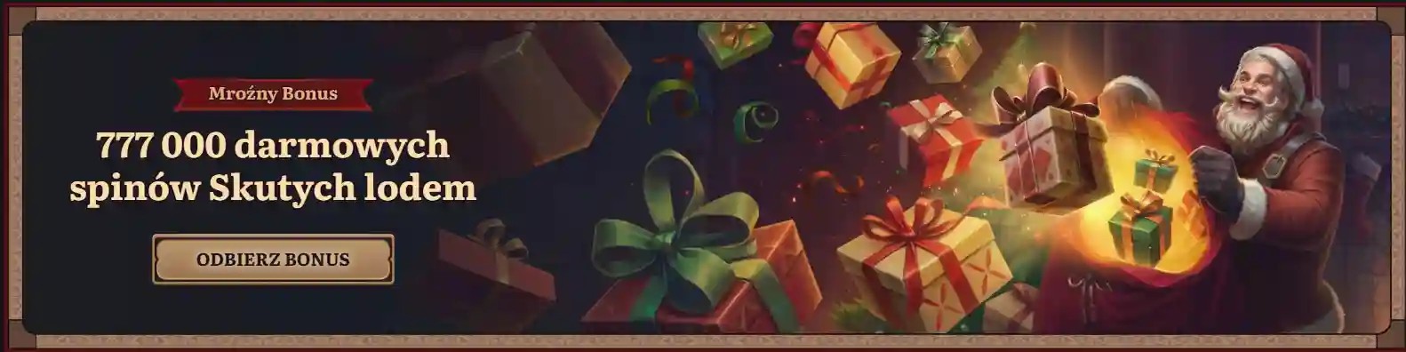 Festive casino bonus banner featuring a Santa Claus character surrounded by glowing gift boxes and holiday decorations, with Polish text promoting a frozen bonus of 777,000 free spins and a “Claim Bonus” call-to-action button on a dark, winter-themed background.