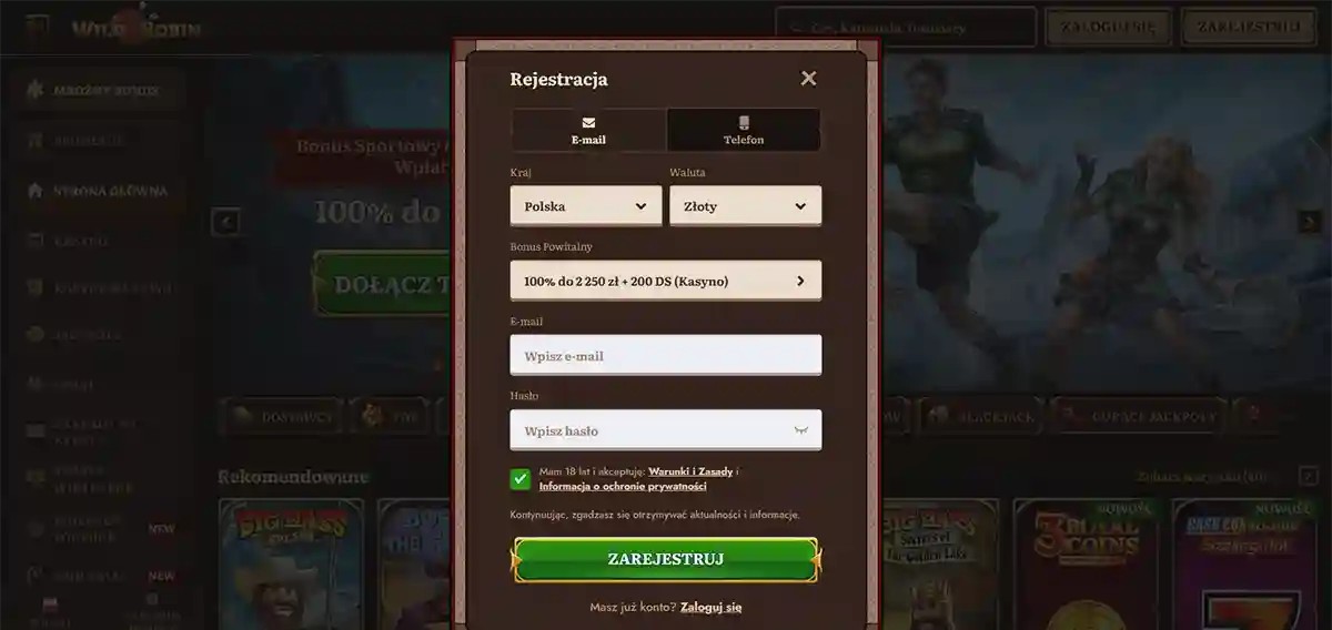 Online casino registration popup in Polish showing country set to Poland and currency set to złoty, with email and password input fields, a welcome bonus of 100% up to 2,250 PLN plus 200 free spins, an age and terms acceptance checkbox, and a green “Register” button over a blurred gaming interface background.